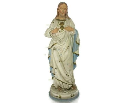 Antique Statue Jesus Christ Savior Sacred Heart Neo Gothic 1900s Plaster 15.94"
