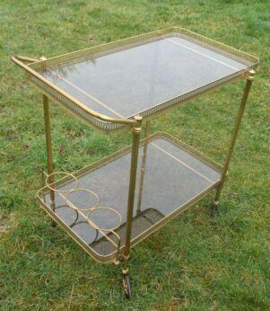 Vintage Mid Century Retro Glass Brass Coctail Bar Cart Tea Cart Smoke Glass