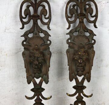 2 Antique Cast Brass Ornate plaques Gothic Wall Hanging Reclaimed Architectural