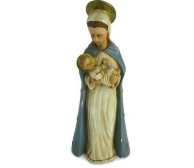 Art Deco Virgin Mary Madonna Infant Child Plaster Polychrome Tenderness Statue