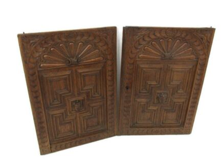 Pair Antique French hand Carved Wood Oak Door Panels Reclaimed Architectural Cabinet Gothic Style Figurine Heads