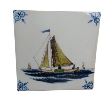 Dutch Vintage Polychrome Wall Decorative Tile Delft Sailing Boat Ship Marked