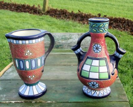 Fantastic Czech Amphora Design Vases Ceramic Marked 2 Pieces Art Deco