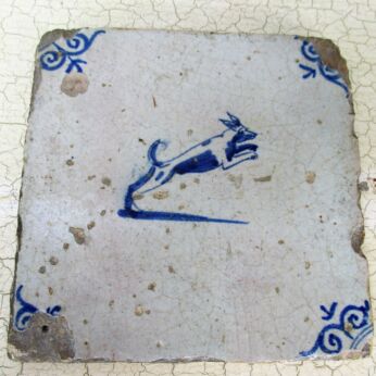 1700 Antique Delft Tile Dutch Dog Decorative Wall Decoration Blue White HTF