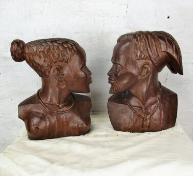 Couple Pair Vintage African Bust Handmade Carved Wood Tribal Art Man Woman Boma