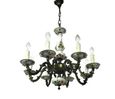 Vintage Capodimonte style chandelier 8 arm Lights Porcelain Flowers Brass Italy