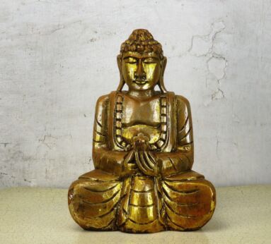 Large Statue Sitting Buddha Ornate Carved Wood Gold Paint Temple 13.77"