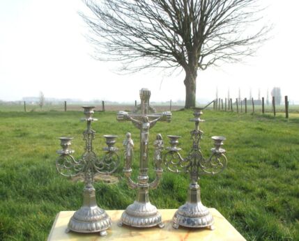 Large Antique Ornamental Silver Metal Christ Cross Crucifix Saints Candlesticks