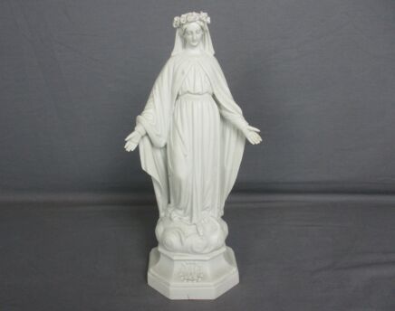French Antique 1900 Bisque Statue Virgin Mary Flower Wreath Open Arms Marked EG