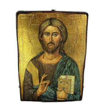 Vintage Wooden Icon Jesus Christ Pantocrator Gold Leafs Beautiful