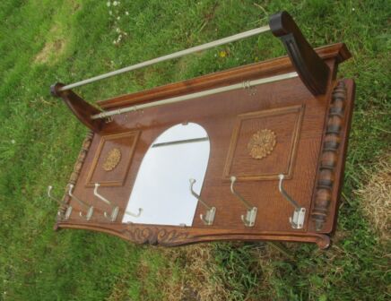 Large Vintage Carved Wood Coat Hat Rack Beveled Glass Mirror