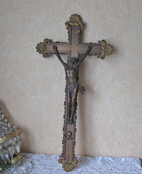 Large Antique Gothic Brass Crucifix Religious Cross Jesus Christ 25.59" Stunning Rare