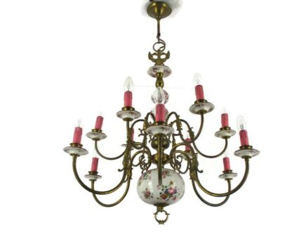 Large Flemish Dutch Chandelier 12 !Arms Lights Ceramic Brass Italian Style