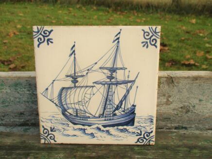 Mettlach Villeroy and Boch Vintage Blue White Ceramic Tile Sailing Boat Nautical