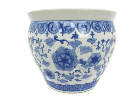 Large Chinese Porcelain Fish Koi Bowl Cachepot Jardiniere Planter Blue White Flowers Lovely