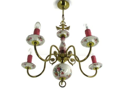 Chandelier 5 Arm Lights Brass Porcelain Flowers Italian Italy Fixture Lamp