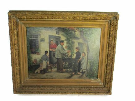Oil Painting on Canvas  Gorgeous Wooden Frame R.A. Jacobs Antique Scissors Grinder