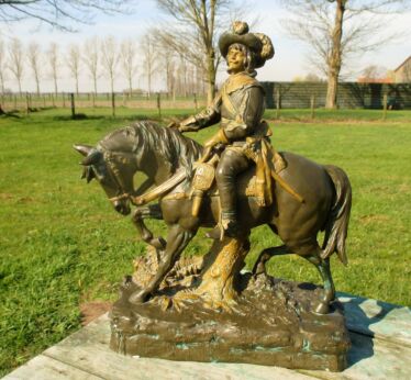 Vintage Large Statuette Terracotta Musketeer on Horse Figurine Sculpture Gorgeous