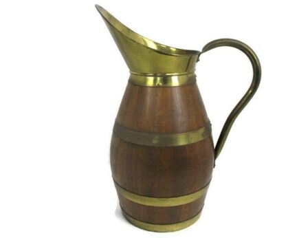 Antique Large Wooden Brass Hoops Wine Pitcher Jar Primitive Ewer Decorative Country barn Farmhouse style