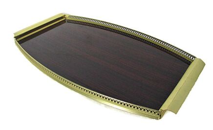 Oval Italian Italy Wood Veneer Serving Tray Wood Brass Handles Vintage Mid Century Modern