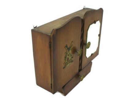 Wooden Pharmacy Apothecary Bathroom Medicine Wall Kitchen Cabinet Art Deco Ornate Brass Trim Windmill