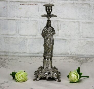 Rare Spelter Candlestick Holder Statuette Figurine Jesus Christ Sacred heart