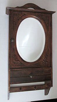 Antique Belgium Oak medicine Wooden Carved bathroom Cabinet cut Glass Beveled mirror signed