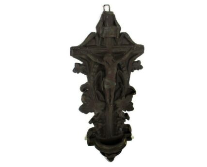 Large Holy Water Font Vessel   Plaster Antique Crucifixion Corpus HTF Collector