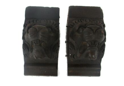 Antique Pair Corbels Hand Carved Wood Architectural reclaimed LIon Heads Trim