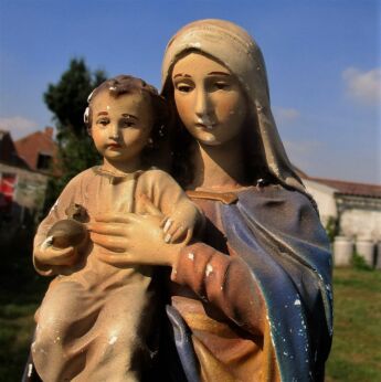Polychrome Virgin Mary Madonna Holy Mother Child Plaster Statuette Figurine