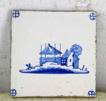 Antique Delft Tile Dutch Blue White Haystack next to House Dutch Landscape