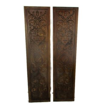 pair Carved Wood Oak Kitchen Cabinet Doors Panels Reclaimed Architectural Shield