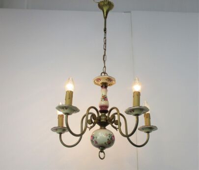 Chandelier 5 Arm Lights Brass Porcelain Flowers Italian Italy Fixture Lamp