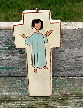 Small Vintage Ceramic Crucifix Wall Hanging Plaque Communion Little boy Sweet