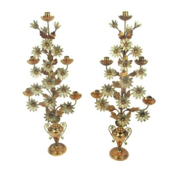 Pair Gorgeous Brass Hollywood regency Flowers Candle Holders Candelabra 5 arm