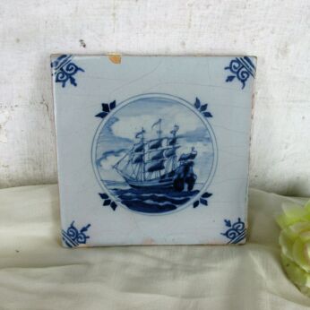 Antique 18th C - 19th C Delft Tile Dutch Blue White Sailing Boat Marked