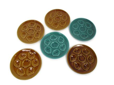Set of 6 French Oyster Plates Porcelain Faience Brown and Green Glazed Vintage
