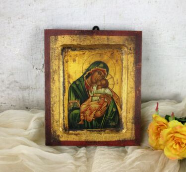 Religious Hand Made Icon Madonna with Infant Child Painted on Wood Certificate