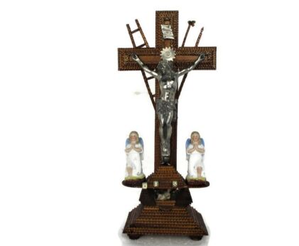 Standing Crucifix Corpus Christi Hand Carved Wood Bisque Angels Folk Art Angels Figurines Dice Tools of Passion WOW