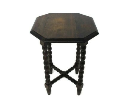 Octagonal Hand Carved wood Pedestal Table Plant Flower Bonsai Stand Side Table Bobbin Legs barn Country Cottage style