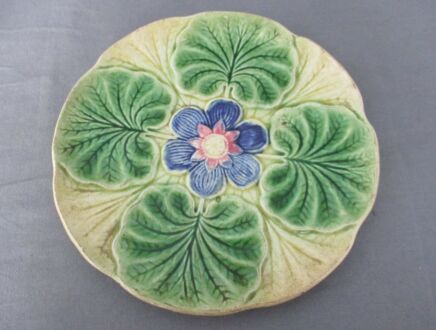 French Plate Majolica Barbotine Faience Flower Leafs Marked Decorative