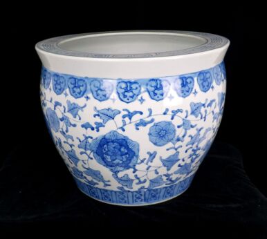Large Chinese Porcelain Fish Koi Bowl Cachepot Planter Blue White Flowers Lovely