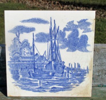 Vintage Blue White Ceramic Tile Windmill Boat Belgium Pointillism