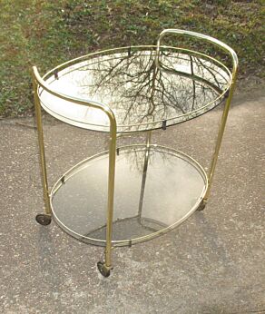 Vintage Bar Tea Coctail Cart Mid Century Oval Glass Chrome Brass Color