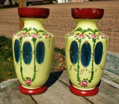 French Opaline Couple of Vases hand painted Enameled Art Deco
