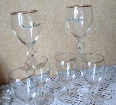 6 Irish Coffee glasses Shamrock Stem Gold Rimmed Vintage Original