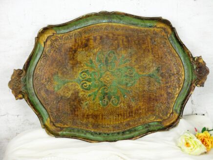 L Italian Mid Century Hollywood Regency Florentine Serving Tray Green Gold Resin