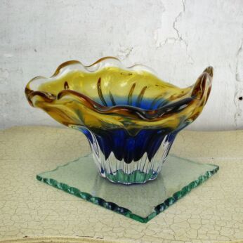 Gorgeous HTF Art Glass Centerpiece Bowl Fruit Dish Etched Amber Blue era Murano