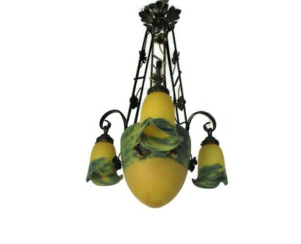 Art Nouveau Deco Style French Pate de Verre Wrought Iron Chandelier 4 Shades Gorgeous