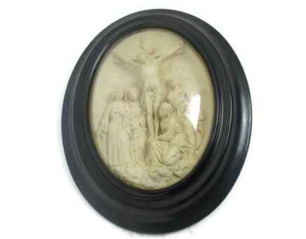 Antique Ornate Frame Convex Glass Dome Wood Golgotha Jesus Christ HTF Collector